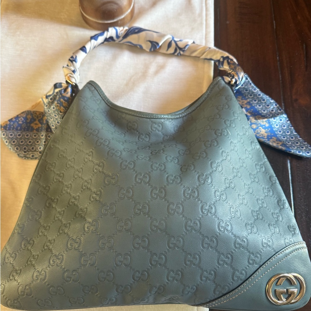 Gucci Blue Hobo Bag with Patterned Scarf